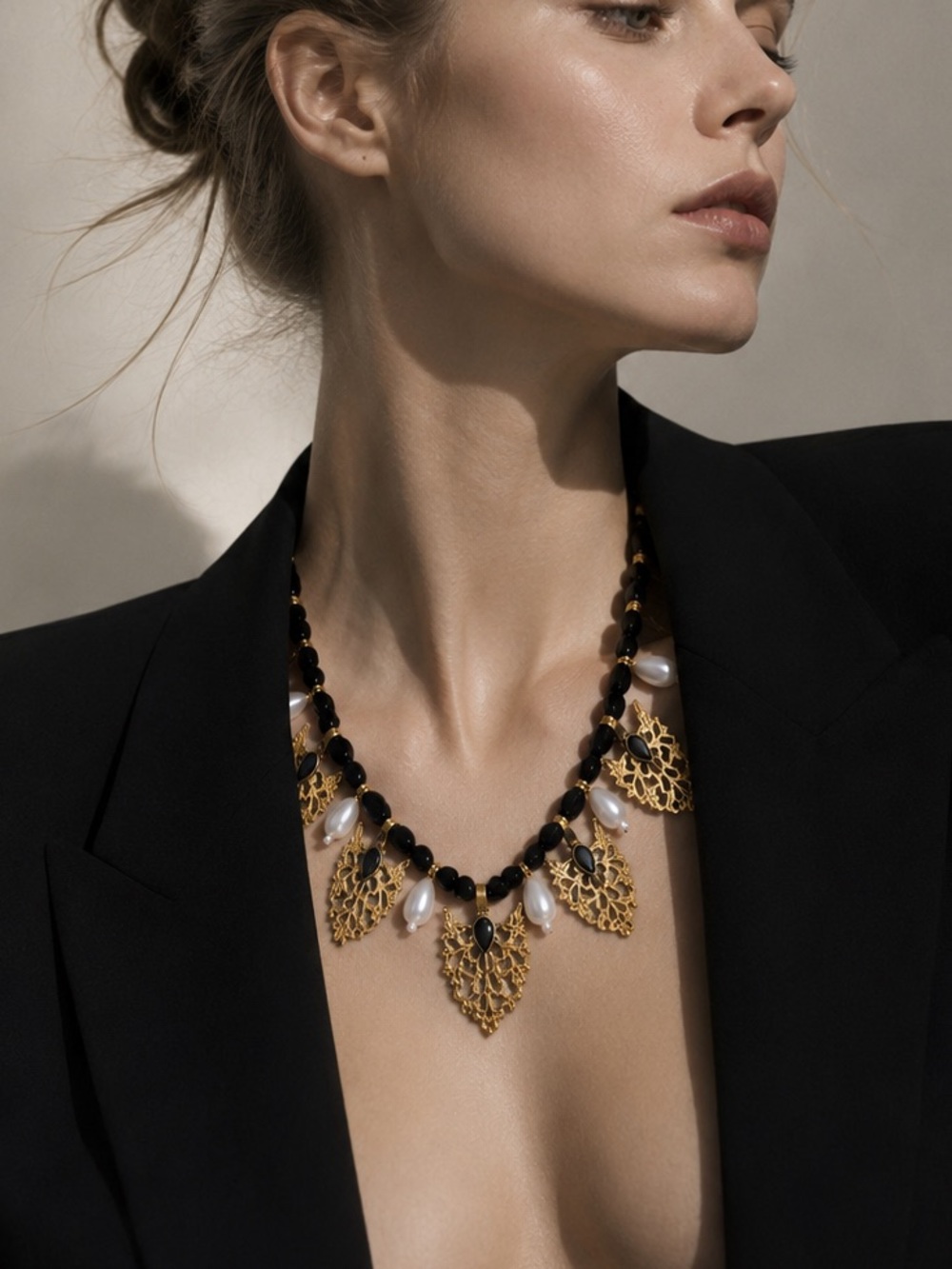 Gold Filigree Leaf Necklace with Black Beads and Pearl Drops